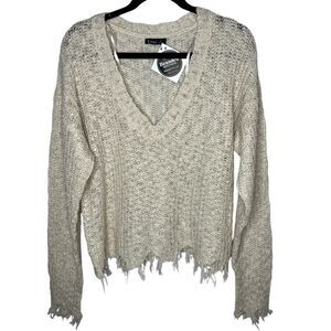 New! Very j Loose Knit V-Neckline Long Sleeve Raw Trim Beige Women Sweater Sz M